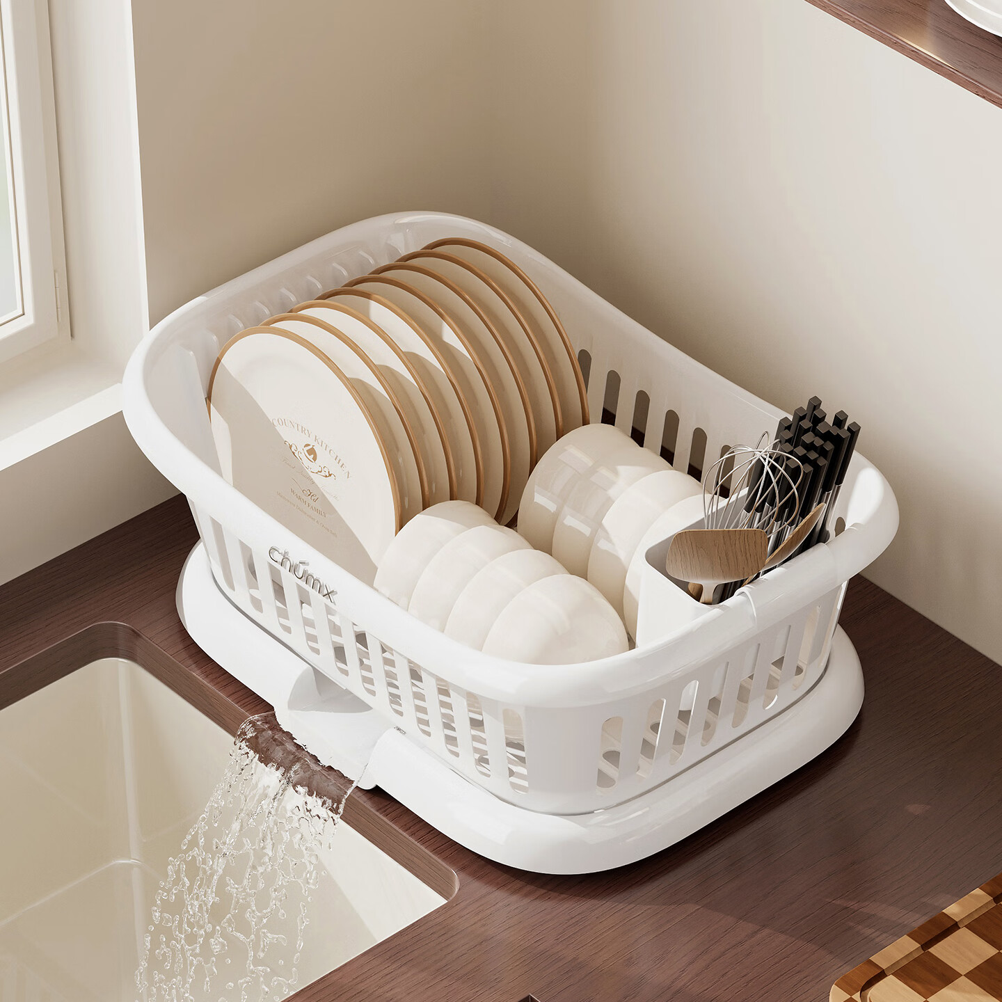 橱明星碗筷收纳盒塑料沥水篮厨房家用带盖多功能放碗碟盘碗柜餐具收纳架 沥水碗架-优雅白