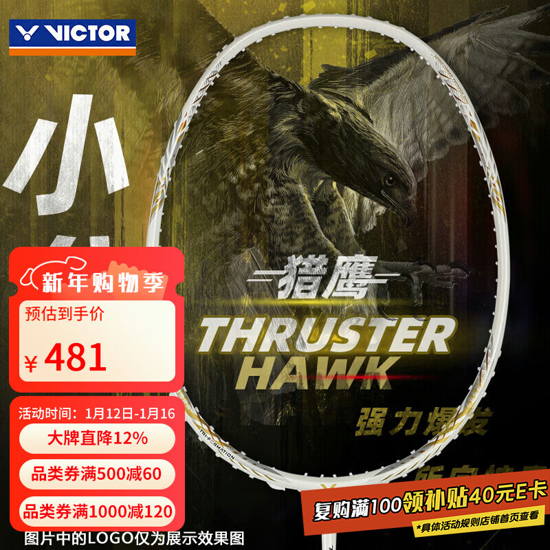 VICTOR威克多羽毛球拍碳素纤维单拍小隼TK-HAWK白 4U已穿线25磅附手胶