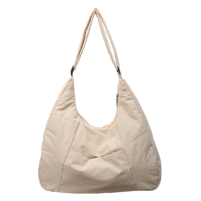 【精选】新款托特包女大学生上课斜挎包上班通勤单肩包尼龙布包棉 米白色