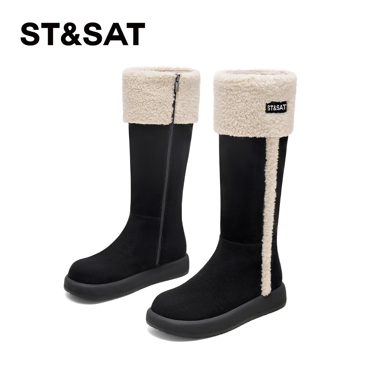 星期六加绒厚底长筒靴女2025新款爆款冬加厚毛毛高筒雪地靴骑士靴棉鞋 黑色 【加绒保暖】 35