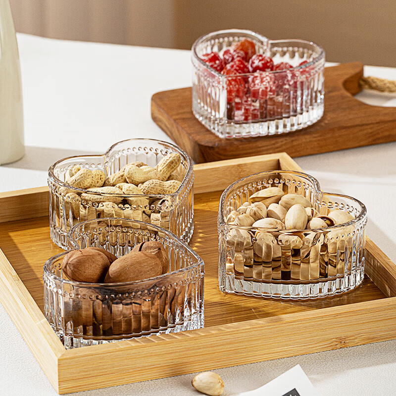 青苹果干果盘分格水果盘家用糖果零食点心盘年货礼赠必备 竖纹爱心五件套