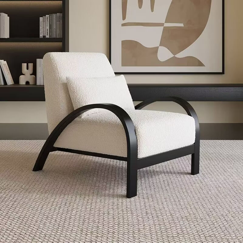 欣慕雅中古风休闲单人沙发椅咖啡厅单人椅设计师酒店懒人椅侘寂风民宿椅 米白色亲肤羊羔绒+黑色扶手【送靠枕】