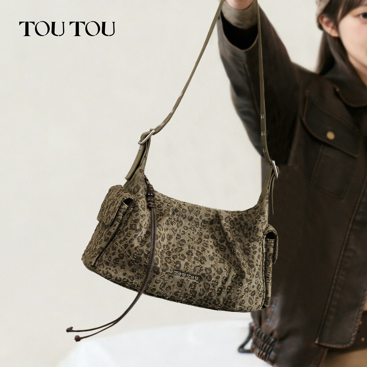 toutou豹纹腋下包多口袋单肩机车包送闺蜜送女友生日送礼 灰豆绿