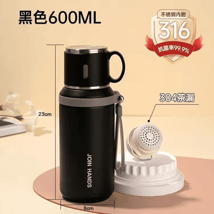 316不锈钢保温杯钢盖简约茶杯保温杯杯子女士高颜值便携水杯男款 黑色-600ml