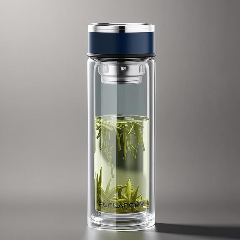 富光 玻璃杯 双层玻璃泡茶杯子 带过滤网水杯 男女士车载办公便携水杯 400ml蓝色【不锈钢回流盖】