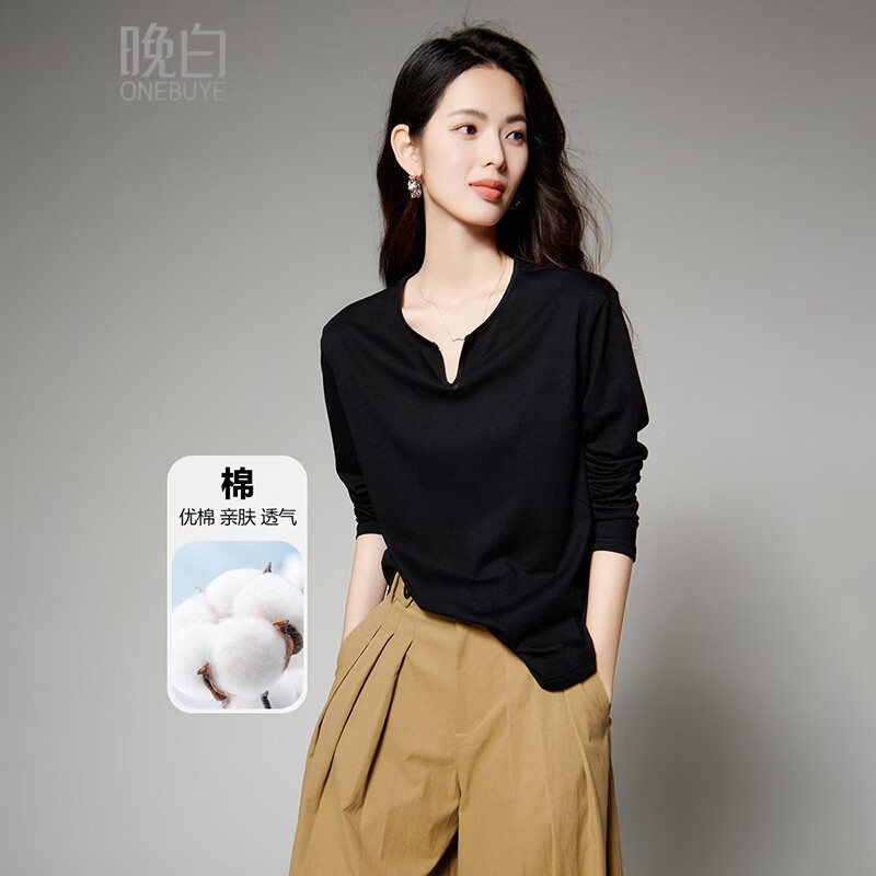 晚白【专享】2026春款经典圆领棉感上衣宽松舒适休闲T恤衫女 黑色 L