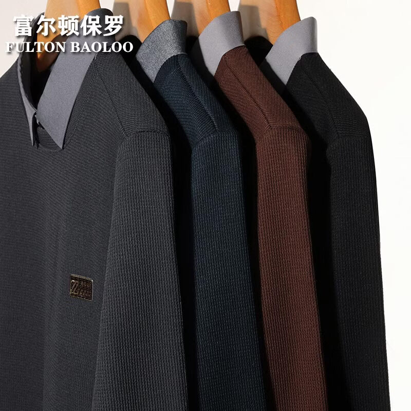FULTON BAOLOO 富尔顿保罗男士卫衣冬季加绒加厚保暖衬衫领打底衫中青年品牌假两件长袖T恤 黑色加绒 M （建议100到120斤穿）