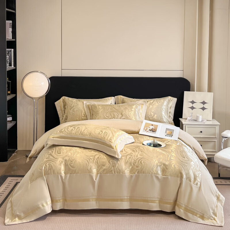 水星家纺100支床上四件套纯棉轻奢贡缎提花全棉床单纯棉被套床品 海韵-香槟 床笠款 2.0四件套-被套220x240