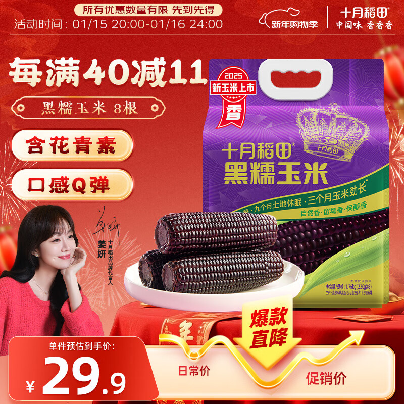 十月稻田 黑糯玉米 3.52斤(220g*8根) 东北玉米 杂粮粗粮 低脂早餐