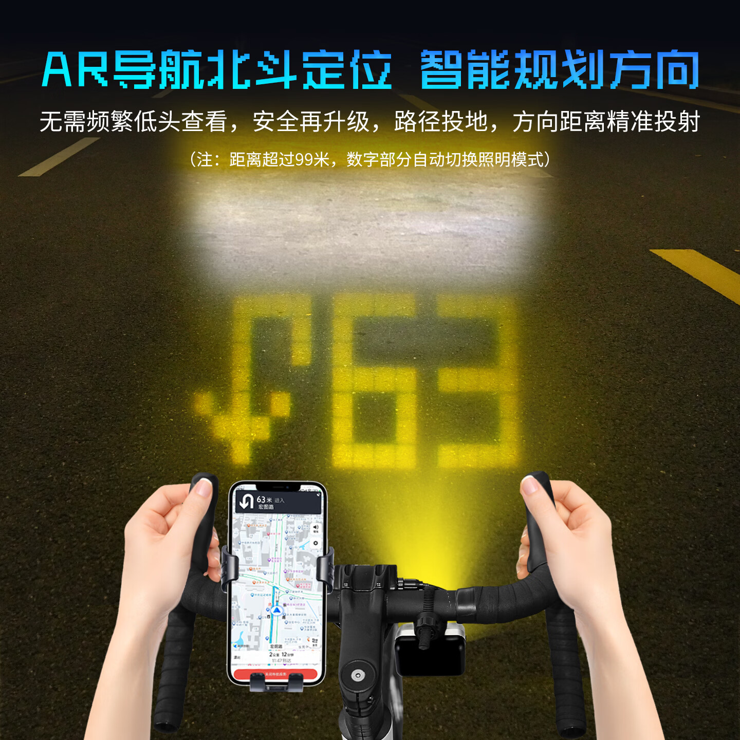 町涂智能像素自行车灯吊装远近光截止线夜骑DIY动画/导航/车速投影灯 双头