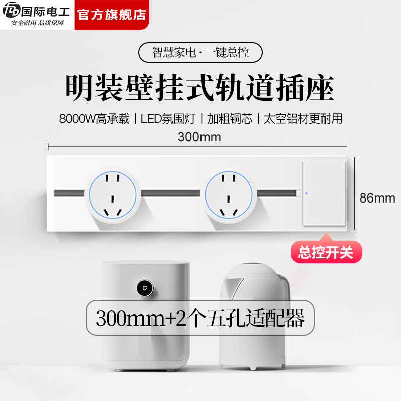 国际电工（FDD）免打孔明装轨道插座带开关大间距五孔可移动插排家用餐边柜插板 【总控开关】30厘米轨道+2个大五孔适配器