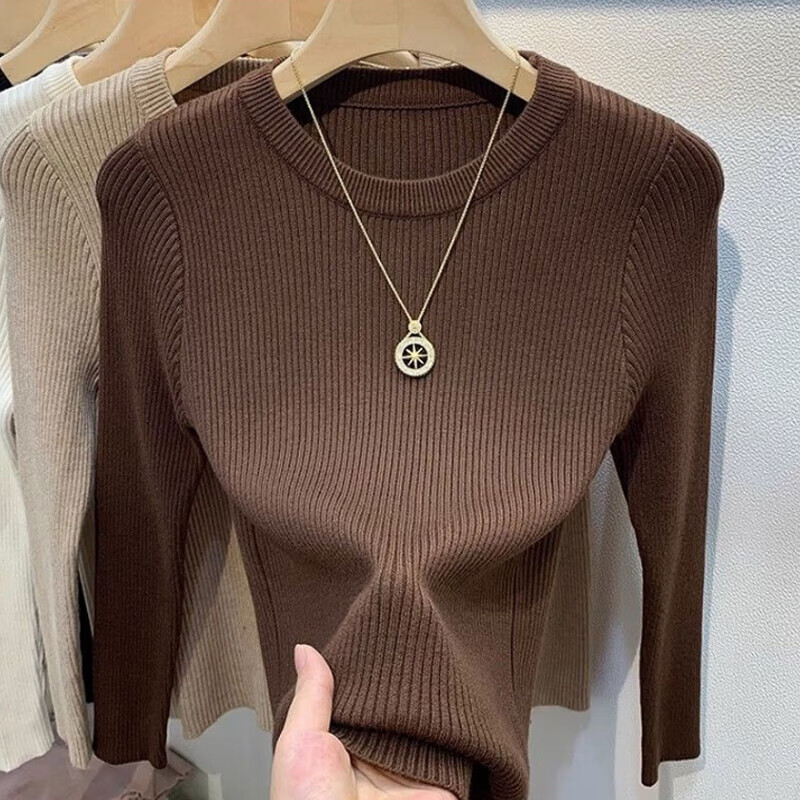 圆领打底衫女2026秋冬款通勤修身显瘦内搭套头毛衣纯色针织上衣MD 9989【咖色】秋冬配大衣内搭#修身保暖 XL 推荐【110-120斤】