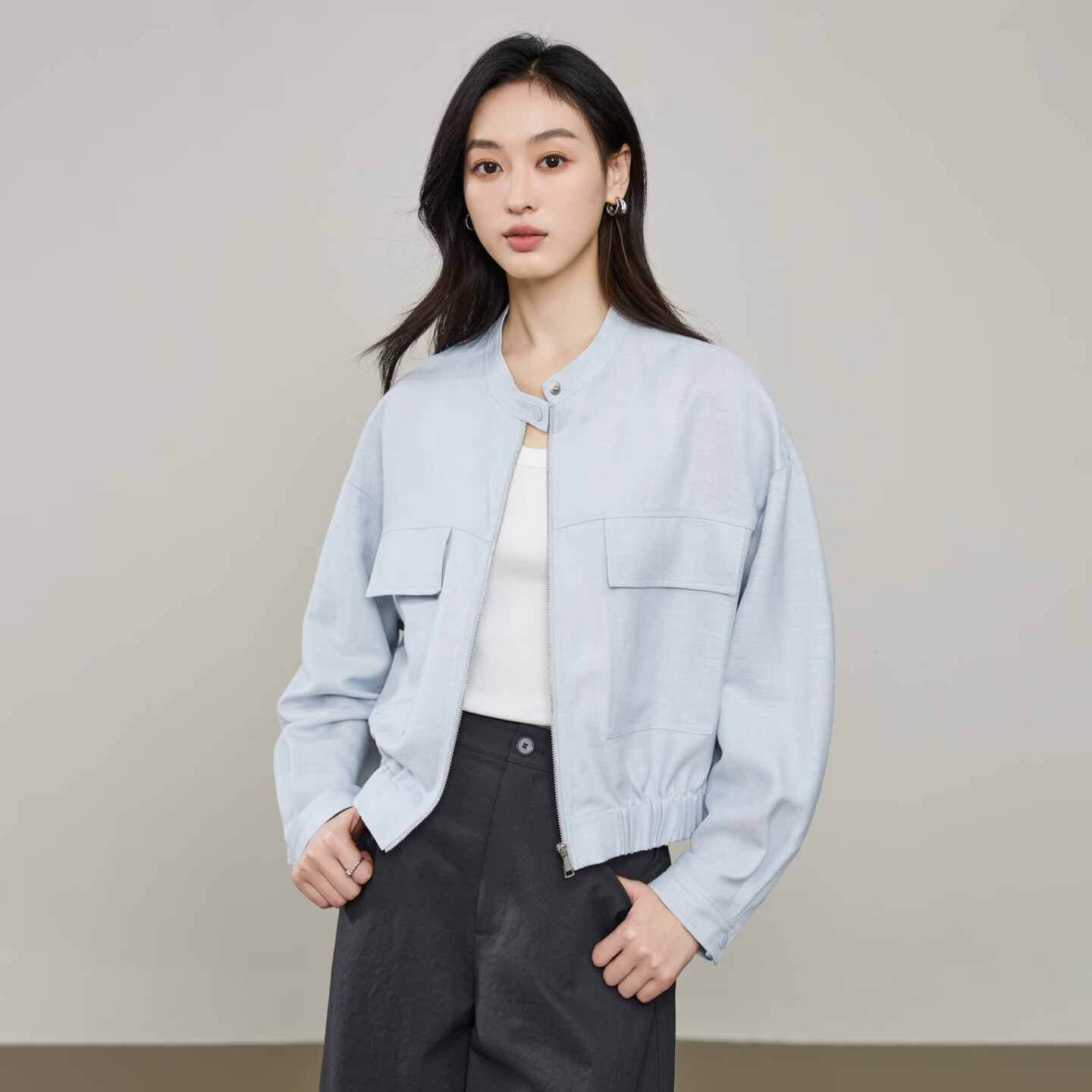 逸阳（ESE-Y）亚麻短外套女2026年春新款立领收腰时髦拉链小个子夹克上衣 浅蓝色 L