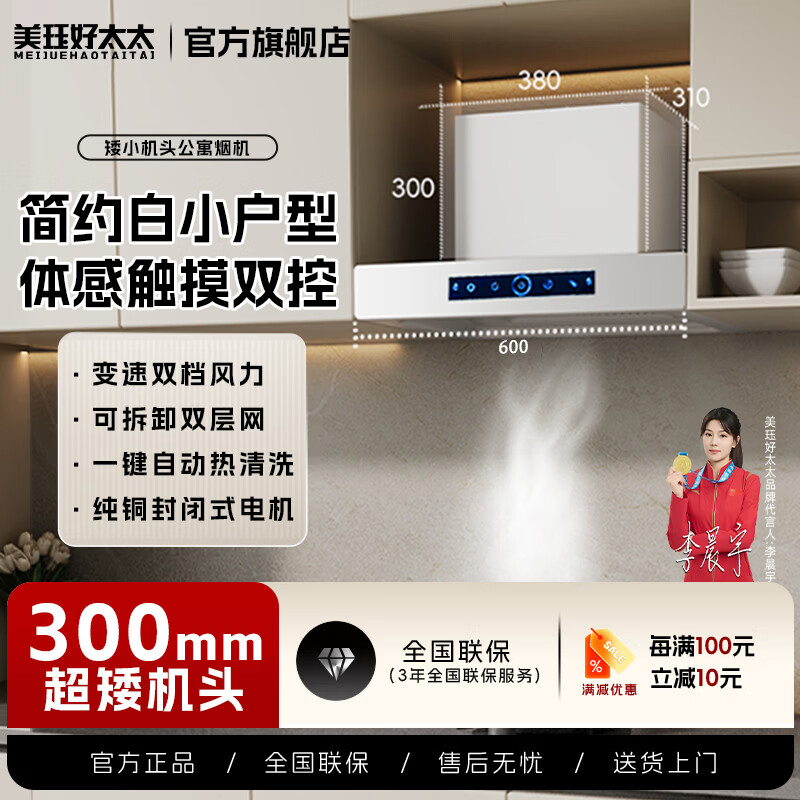 美珏好太太【国家补贴15%】公寓500mm油烟机小尺寸600mm油烟机700mm小尺寸油烟机白色油烟机小型家用厨房 【雾凇白600宽】短脖机头-体感触摸自动清洗 上门安装