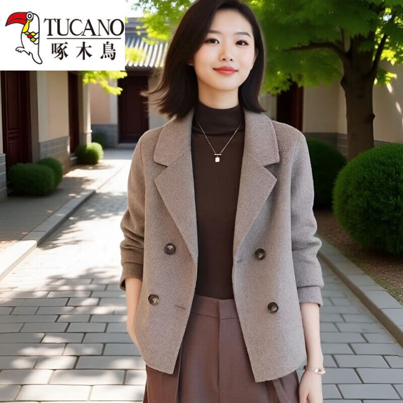 啄木鸟（TUCANO）短款毛呢大衣2025小个子秋季外套呢料双排扣女士秋冬外套毛呢大衣 咖色【没有口袋】 2XL 120-135斤