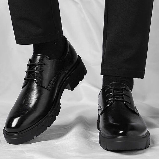 Walker Shop品牌皮鞋男款内增高男士皮鞋2026商务高端休闲真皮英伦正装鞋子男 黑色【隐形内增高8cm】 38