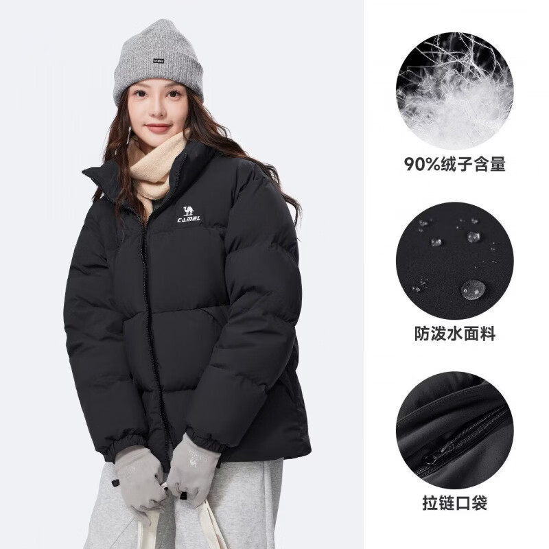 骆驼（CAMEL）运动三防羽绒服男女冬季防水远红外发热升温情侣面包服外套 幻影黑 J34CR08635B 90绒子 XS