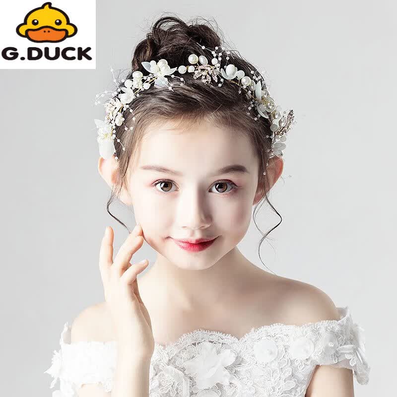 G.duck儿童头花饰品女童花环头饰小女孩花朵公主森女系韩国花童发饰演出 鹅毛单asx011+耳夹【款】