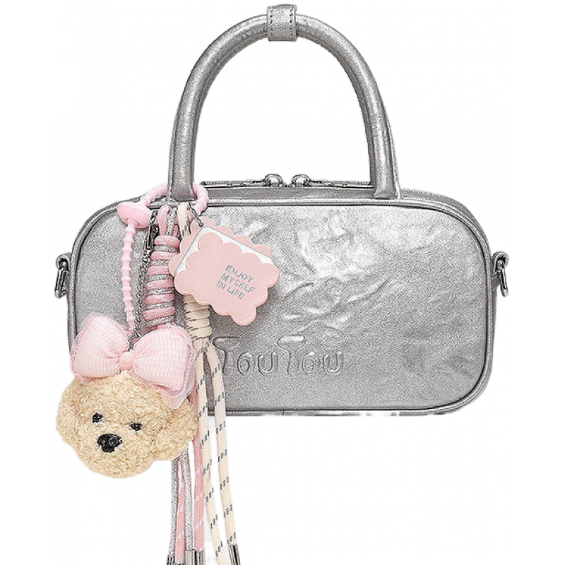 toutou波士顿保龄球包彷植鞣手提枕头包通勤百搭斜挎包女礼物 「现货」山泉银-蝴蝶结小狗_春夏新色