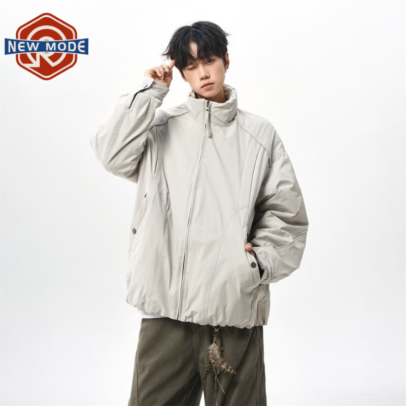 NEW OR MODE美式拼接双面穿立领棉服男女冬季新款保暖宽松休闲情侣夹克外套男 灰色 M 【建议90-110斤】