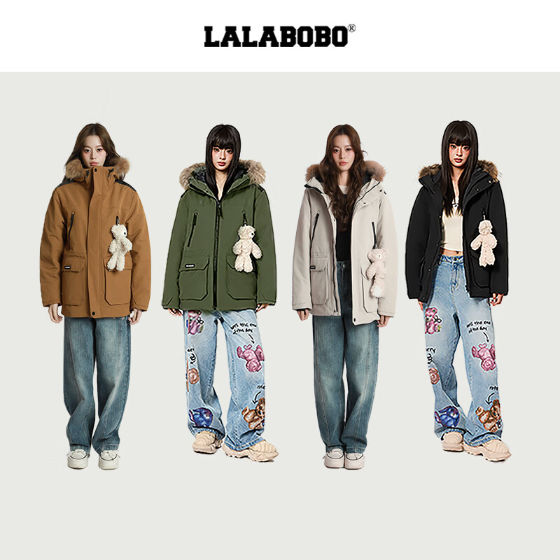 LALABOBO90鸭绒毛领工装羽绒服冬季新款保暖连帽加厚外套LBDD-WSYR17 绿色 L