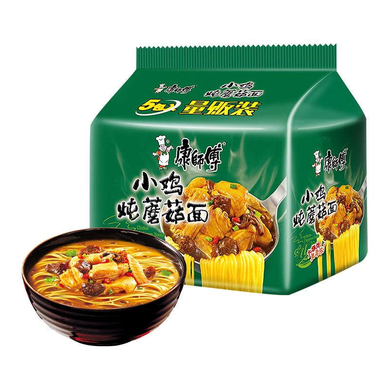 康师傅 方便面 经典小鸡炖蘑菇面五连包95g*5 泡面袋装速食 方便食品
