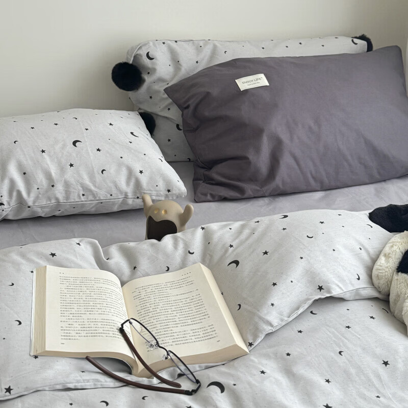 水星家纺四件套纯棉全棉亲肤棉裸睡撞色床单被套床笠款床上用品 星月银灰-混搭款 床笠款 1.8m被套加大四件套