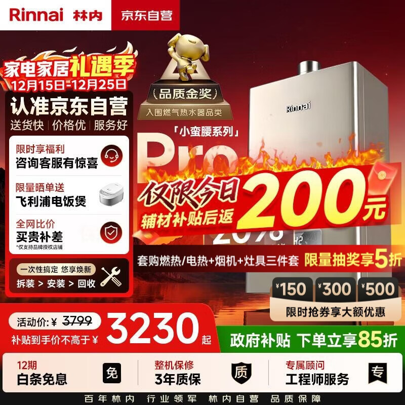 林内（Rinnai）【小蛮腰Pro】16升燃气热水器天然气【国家补贴15%】恒温ECO节能 低水压启动16GD32（JSQ31-GD32）