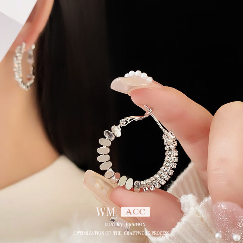 银针锆石拼接椭圆金属耳环冷淡风个性耳钉百搭时尚耳饰 银针-银色圆形