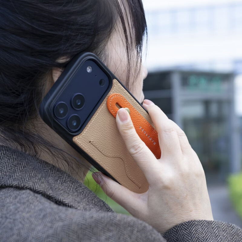 花虎（HANATORA）苹果17/16/15Promax手机壳新款日式真皮iPhone15/14pro高端全包防摔腕带挂绳带支架卡包男女款Air 【风衣灰+橙】配挂脖绳 iPhone 17 Pro