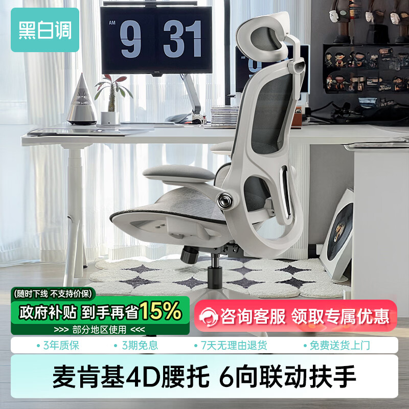 黑白调P2Pro人体工学椅电脑椅办公椅学习椅久坐电竞椅子人工力学座椅 P2 Pro二代霜白 【麦肯基4D腰托 4D联动扶手 3D颈枕 波纹特网】 无脚托