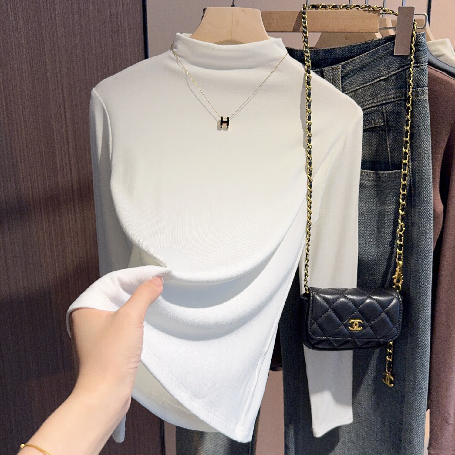 【工厂发货】女装秋冬衣服磨毛半高领内搭打底衫女t恤长袖加厚保 白色【德绒磨毛加厚】 L 建议100-115斤