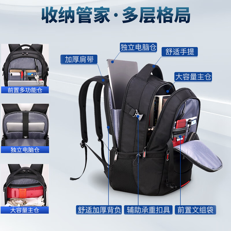 SWICKY瑞士商务电脑双肩包男士大容量笔记本电脑包通勤出差背包学生书包 升级版加大【户外5-7天出行】 标准