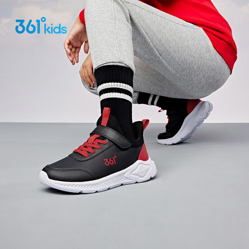 361°童鞋 儿童运动鞋25冬季男女童3-14岁皮革校园跑鞋 黑36