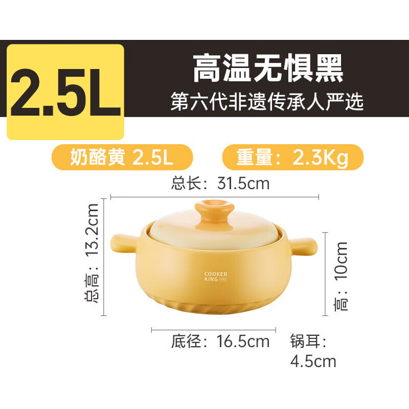 炊大皇（COOKER KING）砂锅煲家用耐高温干烧不裂燃气灶专用炖煲汤沙锅陶瓷锅石锅 【.1-3人适用】非遗传承 抗黑抗裂 2500ml