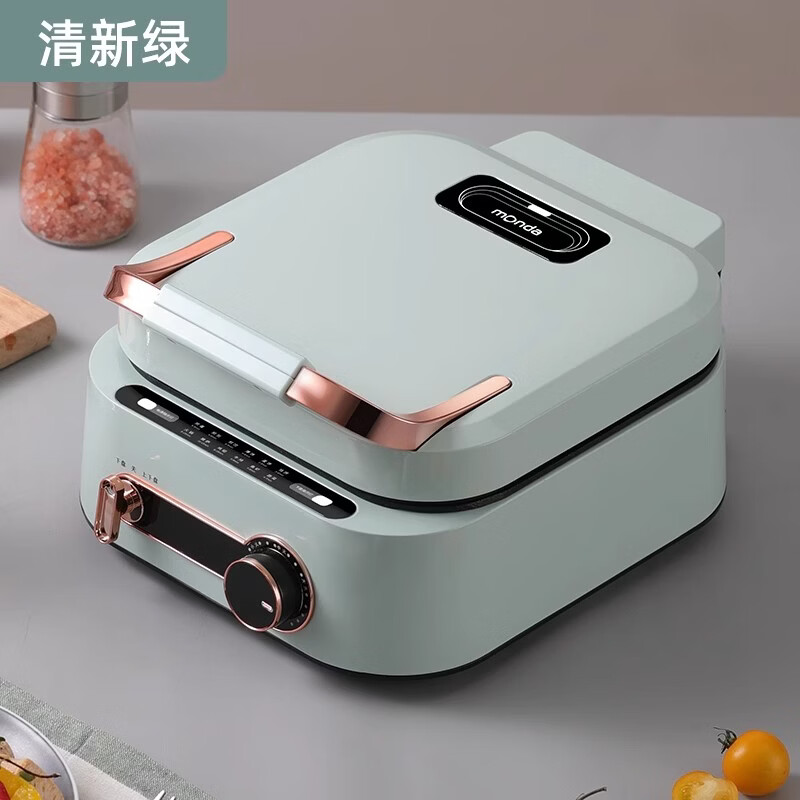 KDISV德国可拆洗多功能电饼铛加深家用双面加热电火锅烧烤煎烤盘料理锅加大加深烙饼无涂层大口径 A清新绿（一体式）+玻璃盖+蒸架+食谱+支架