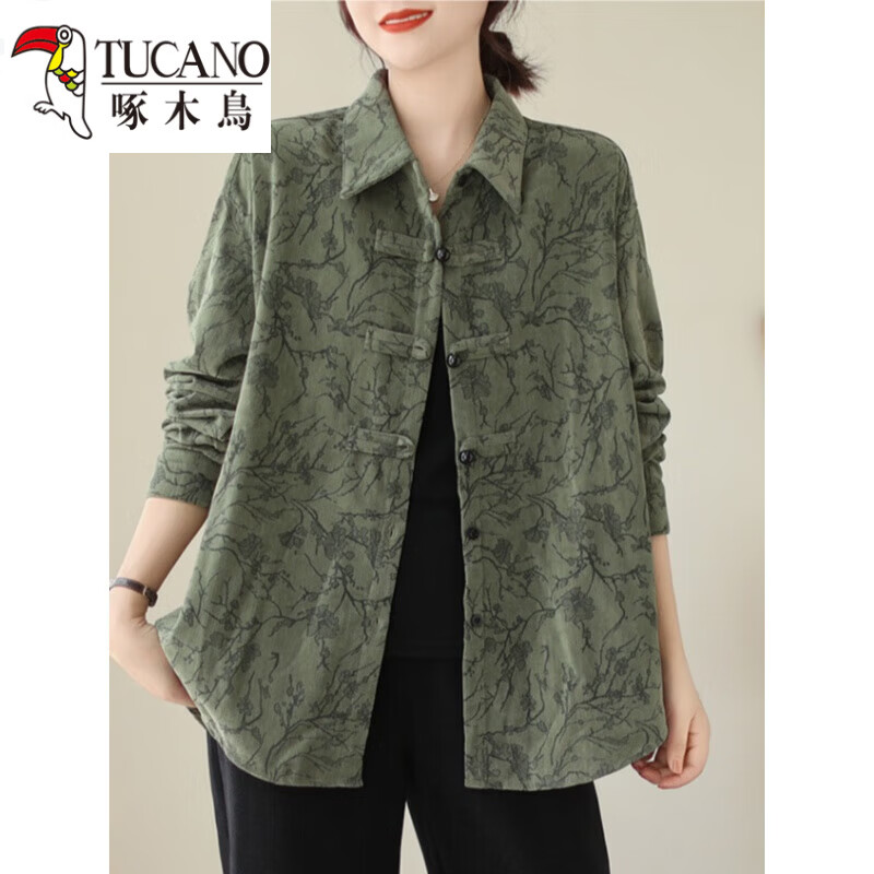 啄木鸟（TUCANO）新中式复古盘扣棉质印花衬衫外套女春秋宽松大尺码长袖开衫妈M妈 绿色 XL 【建议120-140斤】