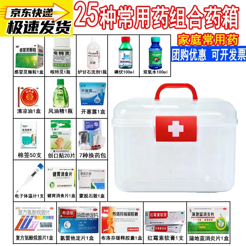 云南白药家庭药箱含药品急救用品常备医用药箱家用医疗箱公司应急急救包 【家庭常用及感冒咳嗽用药和 换药包】