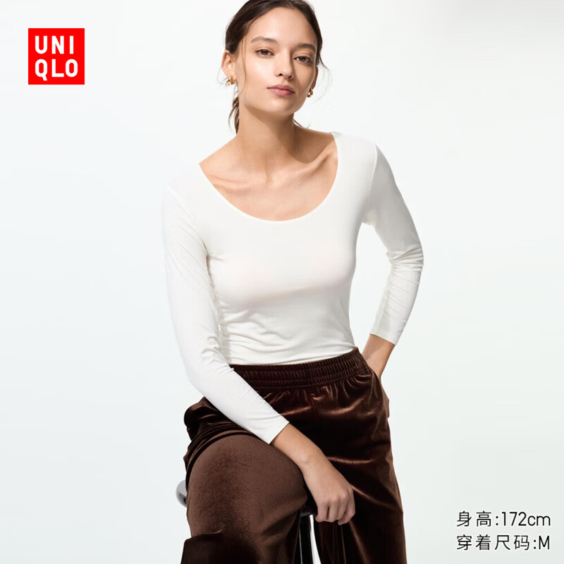 优衣库女装HEATTECH U领T恤/8分袖保暖衣内衣478934 478936 478934/00白色 XS