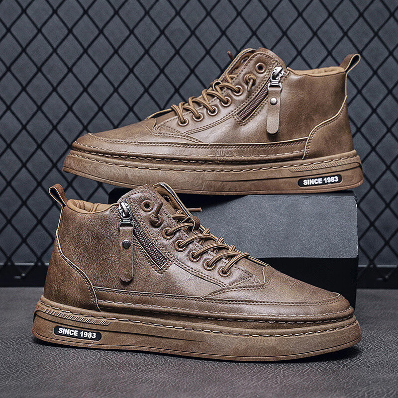 西域骆驼（VANCAMEL）加绒马丁靴男鞋鞋子男士男款2025年秋冬季新款保暖棉鞋板鞋皮面鞋 【官方正品 质量保证】棕色配色加绒款 43