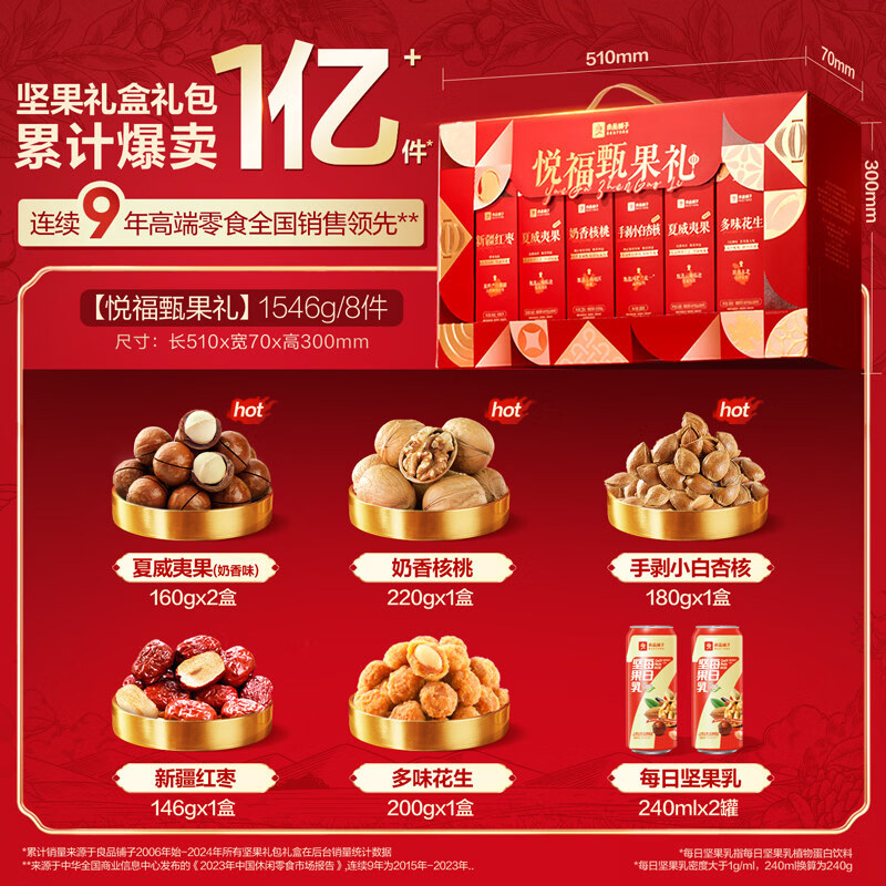 良品铺子每日坚果礼盒送礼过节日年货节干果食品过年休闲零食礼包 【悦福甄果礼-8件4坚果包装大气】1546g×1盒