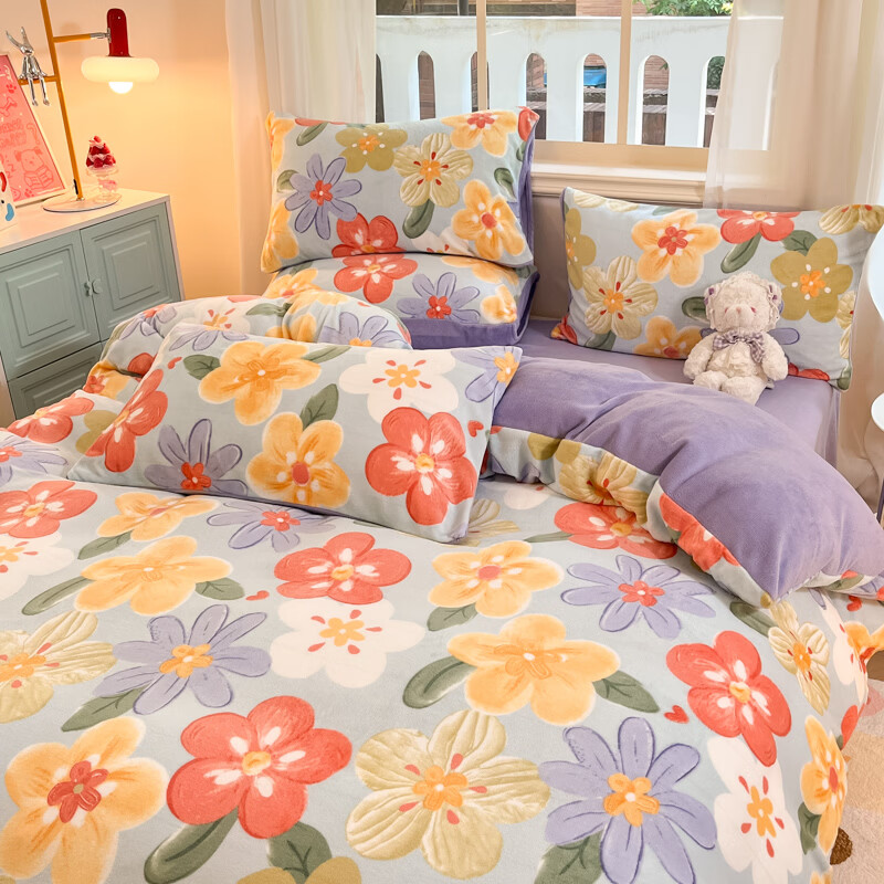 雅鹿冬季亲肤透气牛奶绒印花四件套 绚烂 1.8m四件套 床笠款 （被套200*230cm）