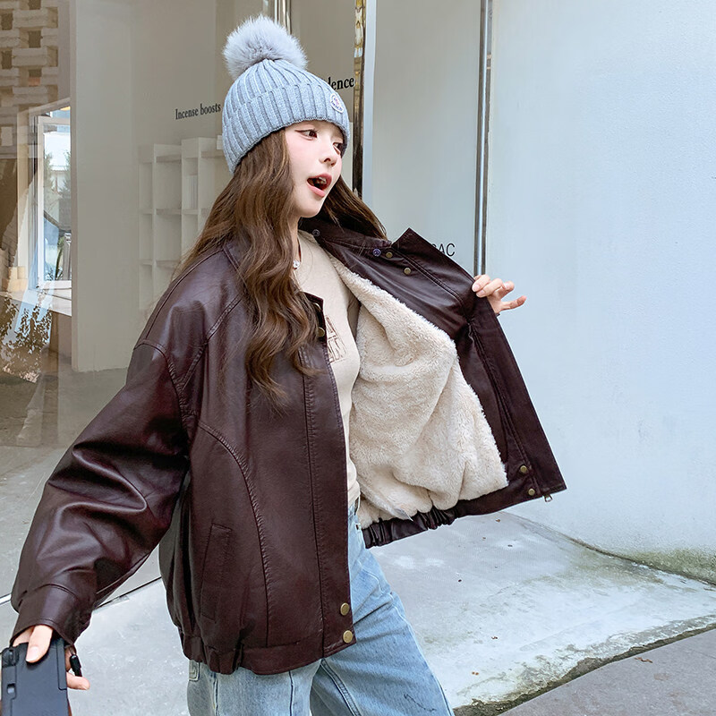 MODX皮衣外套女2026新款秋冬季美式复古今年流行加绒加厚夹克上衣 安可拉红(焕新款) 内里 加绒 S 105斤以下