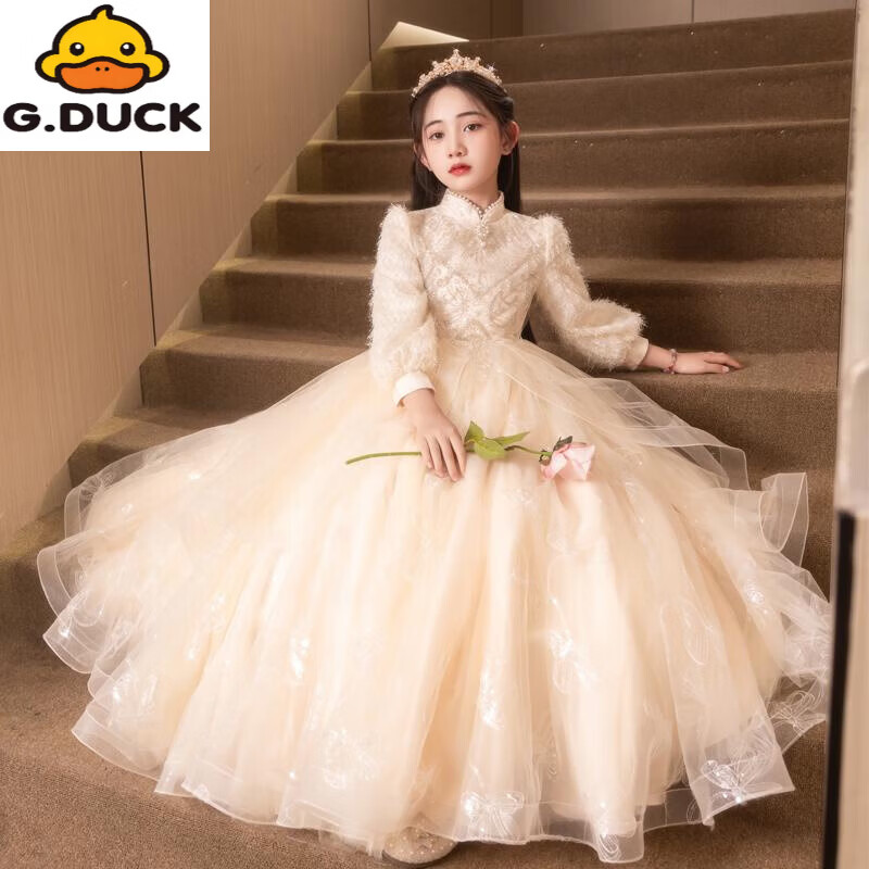 G.duck女童礼服主持人秋冬花童小女孩高端轻奢儿童生日公主裙钢琴出演服 1518长款香槟不加绒 关注送水晶皇冠 160 cm
