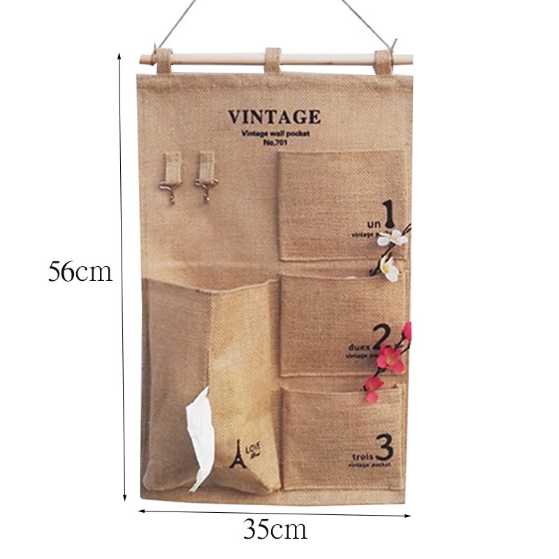 布艺多层储物袋黄麻怀旧复古收纳袋宿舍门后床头衣柜壁挂式整理袋 黄麻邮章三兜