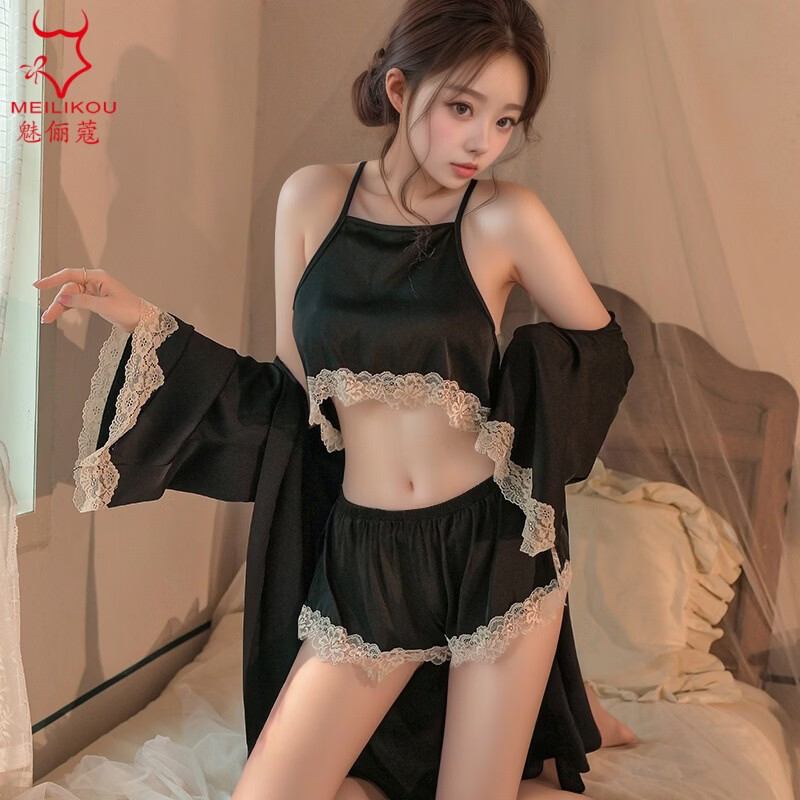 魅俪蔻薄款蕾丝纯欲风性感居家睡衣制服妖娆露背短裤2018 深香芋紫+外套 均码