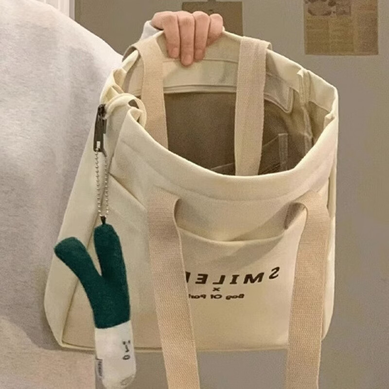 【精选】大学生上课帆布包女2024新款休闲百搭单肩包大容量上班通 SMILEDT双层加厚单肩包 包包+挂件