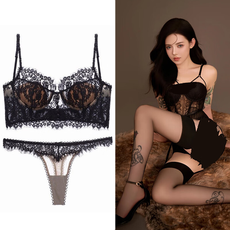 维多利亚宫廷蕾丝内衣睫毛透气性感上托侧收聚拢女U型大露背收副乳文胸套装 黑色套装 文胸+内裤 L 配L码内裤