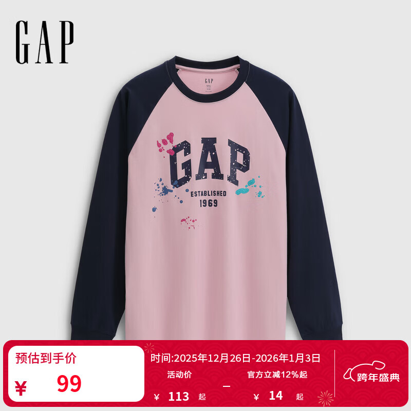 GAP男女装2025秋季新款喷墨logo纯棉宽松插肩长袖T恤上衣788328 淡粉色 M (170/92A) 亚洲尺码
