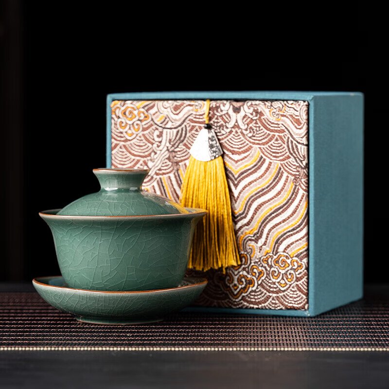 韵化【精选直发】汝窑三才盖碗开片铁线单个高档可养家用泡茶茶碗礼盒 密釉绿三才盖碗